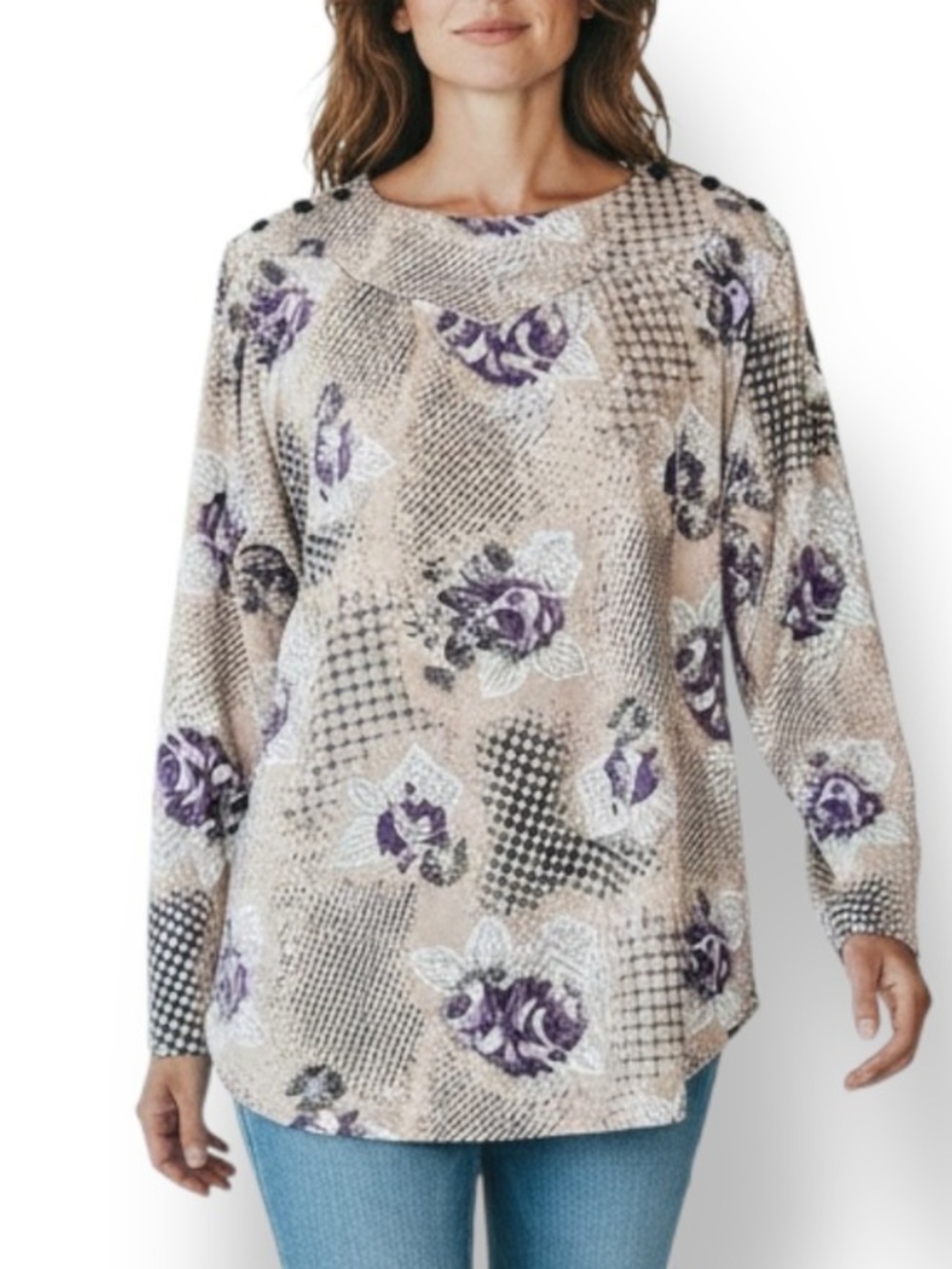 4/$20 Teddi VTG Floral Patchwork Print Blouse Button Shoulder Long Sleeve Top